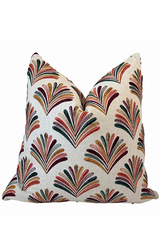Embroidered Fan Pillow Cover, Multicolor Boho Linen Accent Cushion