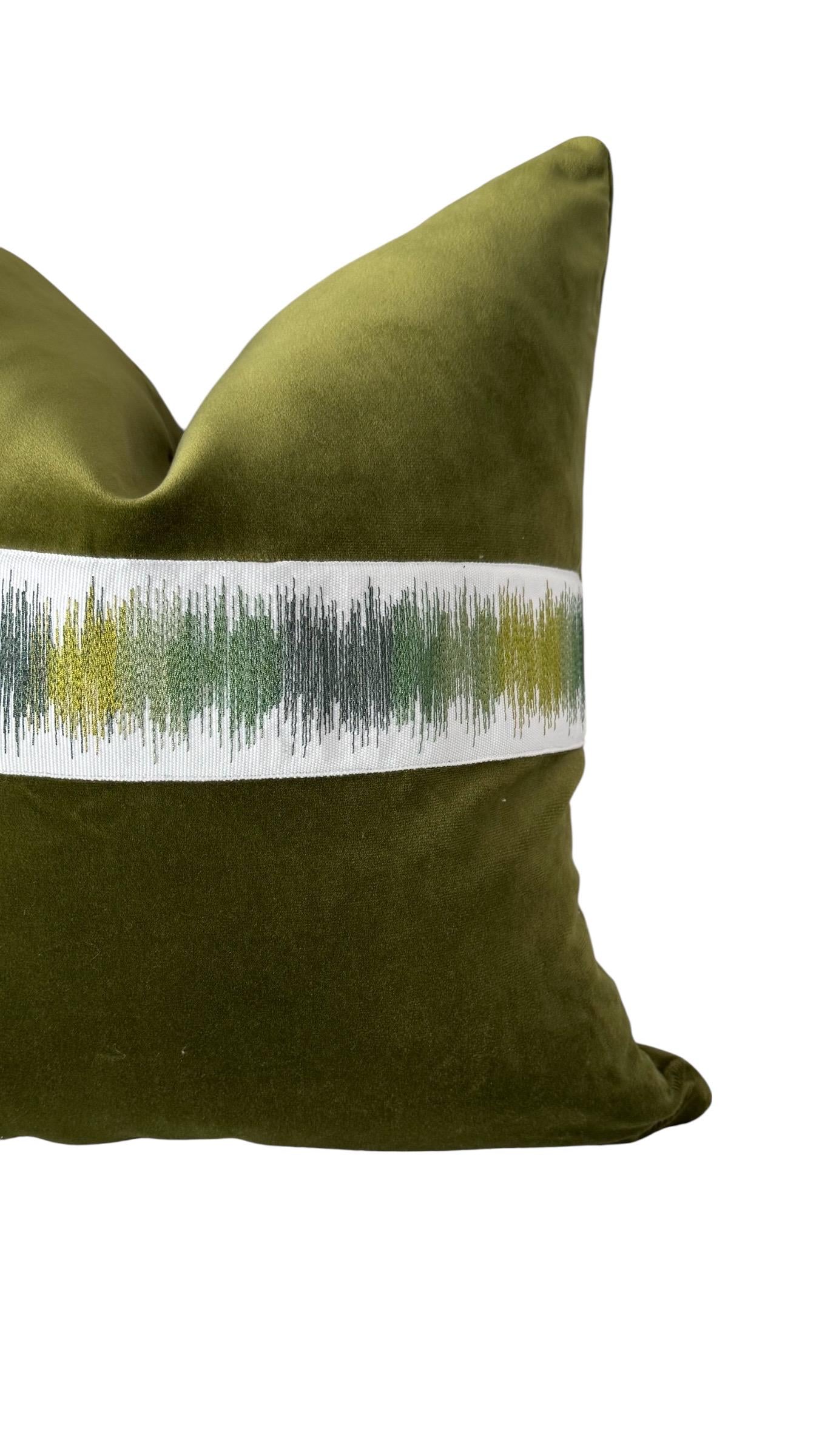 Olive Velvet Pillow Cover | Textured Embroidered Trim Accent Pillow