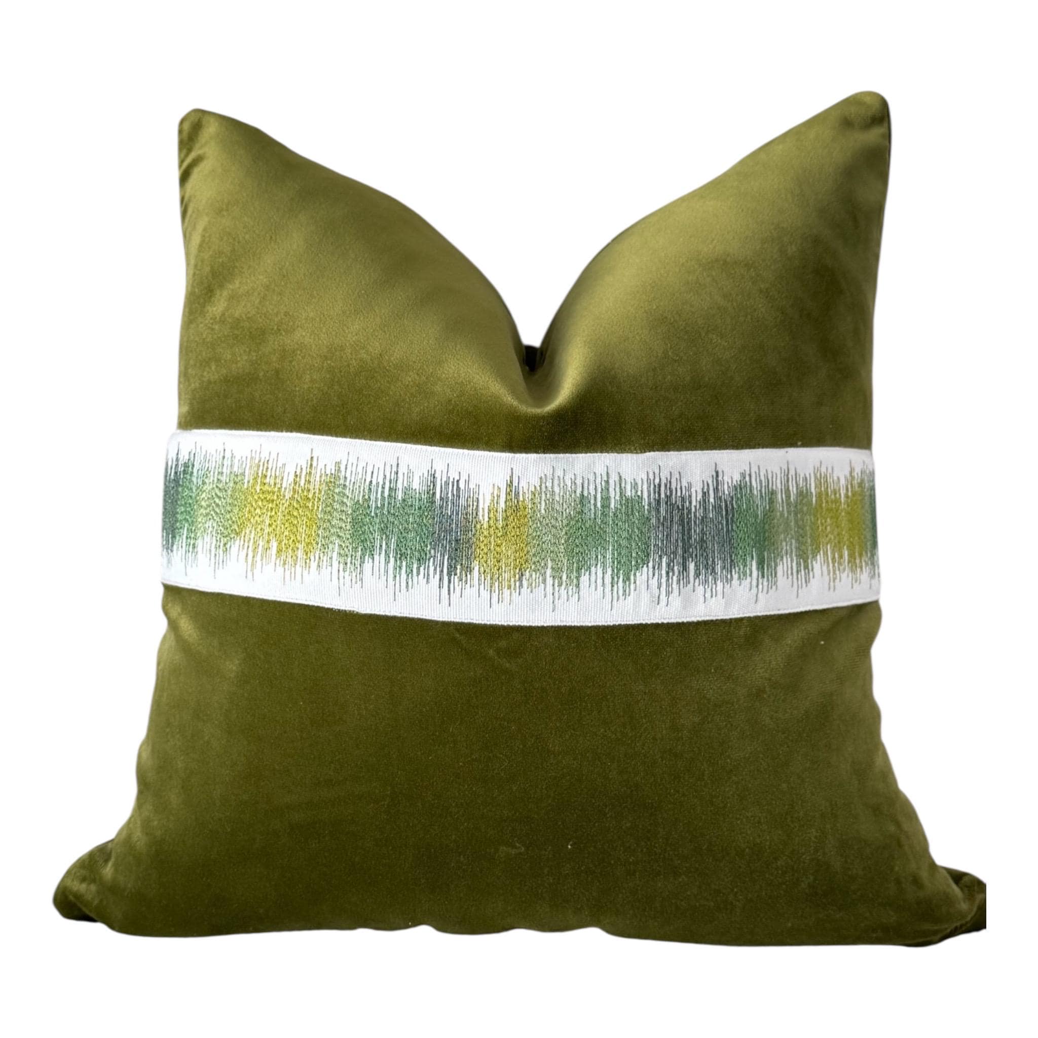 Olive Velvet Pillow Cover | Textured Embroidered Trim Accent Pillow