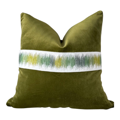 Olive Velvet Pillow Cover | Textured Embroidered Trim Accent Pillow