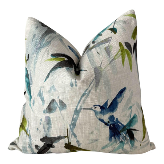 Blue Bird Floral Pillow Cover, Decorative Accent Cushion, Nature Inspired Home Decor