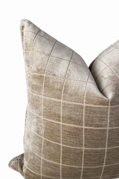 Beige Velvet Grid Pillow Cover, Neutral Throw Pillow