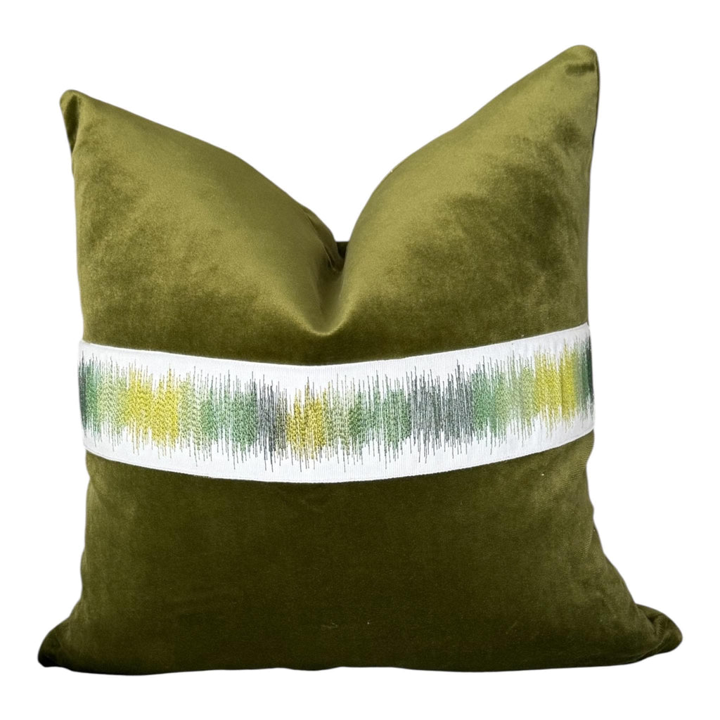 Olive Velvet Pillow Cover | Textured Embroidered Trim Accent Pillow