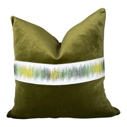 Olive Velvet Pillow Cover | Textured Embroidered Trim Accent Pillow