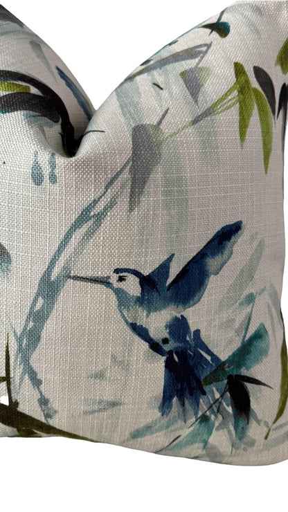 Blue Bird Floral Pillow Cover, Decorative Accent Cushion, Nature Inspired Home Decor
