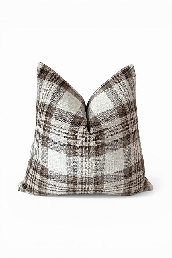 Brown Plaid Pillow Cover, Neutral Check Farmhouse Cushion