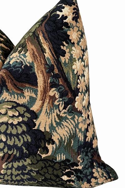 Vintage Tapestry Pillow Cover, Woodland Floral Cushion, Rustic Cottage Throw Pillow