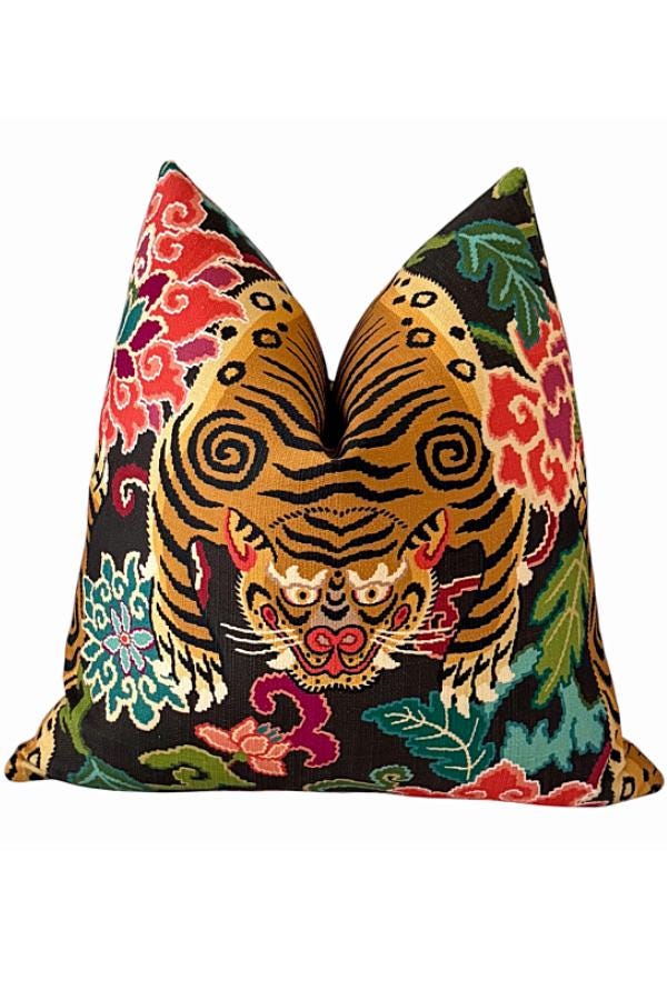 Tiger Tapestry Pillow Cover, Bold Floral Throw Pillow, Maximalist Accent Cushion