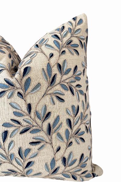 Blue Leaf Pillow Cover, Embroidered Floral Throw Pillow, Neutral Decorative Cushion
