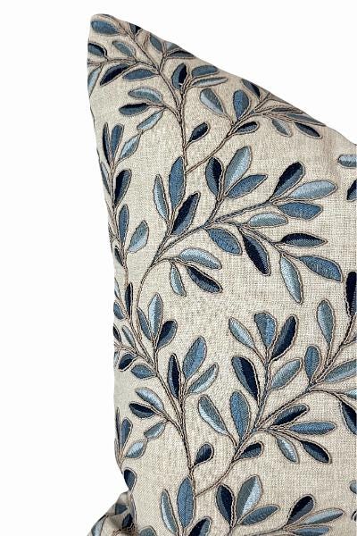 Blue Leaf Pillow Cover, Embroidered Floral Throw Pillow, Neutral Decorative Cushion