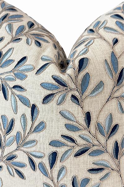 Blue Leaf Pillow Cover, Embroidered Floral Throw Pillow, Neutral Decorative Cushion