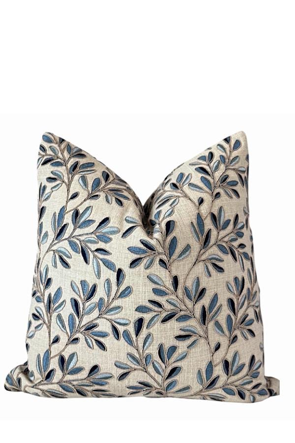 Blue Leaf Pillow Cover, Embroidered Floral Throw Pillow, Neutral Decorative Cushion