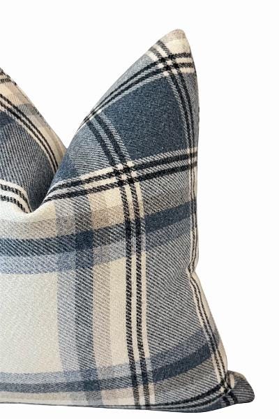 Blue Plaid Pillow Cover, Neutral Check Farmhouse Cushion