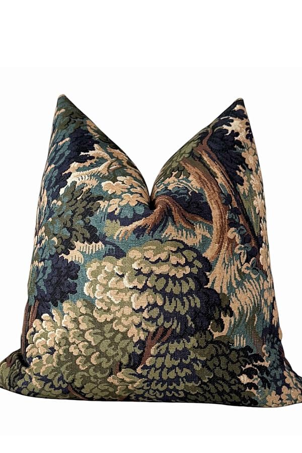 Vintage Tapestry Pillow Cover, Woodland Floral Cushion, Rustic Cottage Throw Pillow