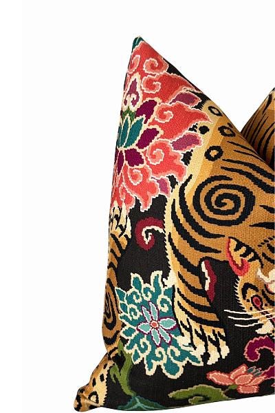 Tiger Tapestry Pillow Cover, Bold Floral Throw Pillow, Maximalist Accent Cushion