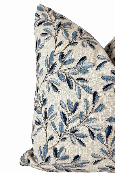 Blue Leaf Pillow Cover, Embroidered Floral Throw Pillow, Neutral Decorative Cushion