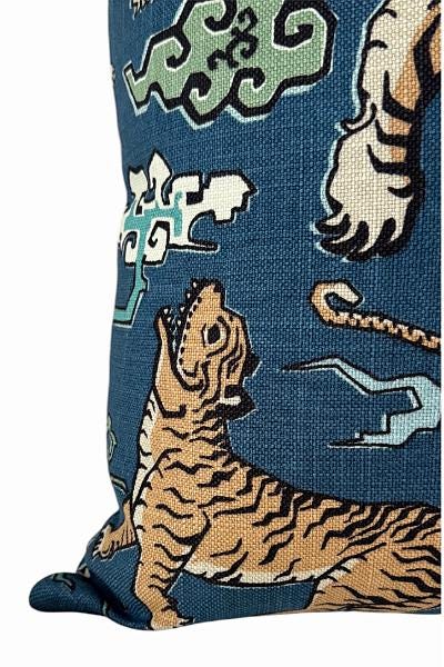 Blue Tiger Throw Pillow Cover | Chinoiserie Animal Print Accent Cushion | Decorative Sofa Pillow