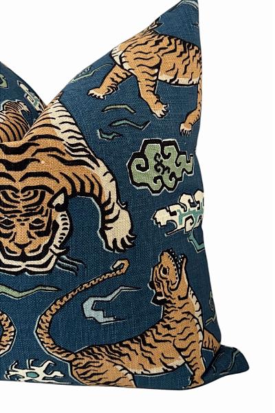 Blue Tiger Throw Pillow Cover | Chinoiserie Animal Print Accent Cushion | Decorative Sofa Pillow