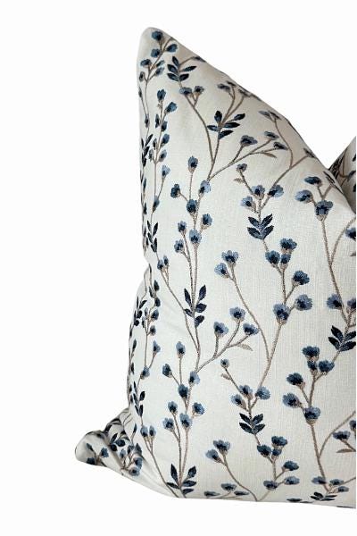 Blue Floral Pillow Cover | Embroidered Accent Pillow | Neutral Decorative Throw Cushion