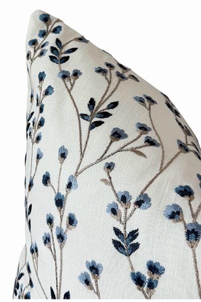 Blue Floral Pillow Cover | Embroidered Accent Pillow | Neutral Decorative Throw Cushion