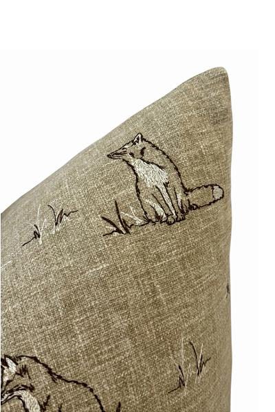 Neutral Fox Print Pillow Cover | Woodland Linen-Look Cushion, Rustic Cottage Accent