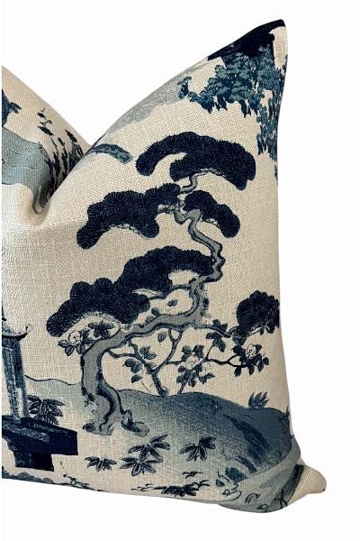 Blue Chinoiserie Pillow Cover | Pagoda Scenic Accent Cushion | Vintage Style Decorative Throw