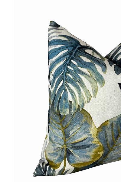 Tropical Leaf Pillow Cover | Blue Green Botanical Cushion | Zipper Closure
