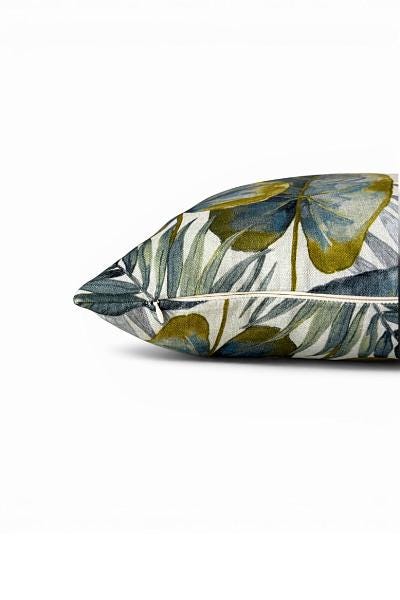 Tropical Leaf Pillow Cover | Blue Green Botanical Cushion | Zipper Closure