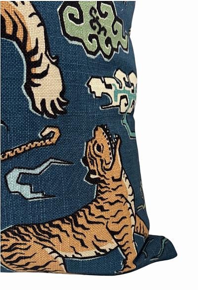 Blue Tiger Throw Pillow Cover | Chinoiserie Animal Print Accent Cushion | Decorative Sofa Pillow