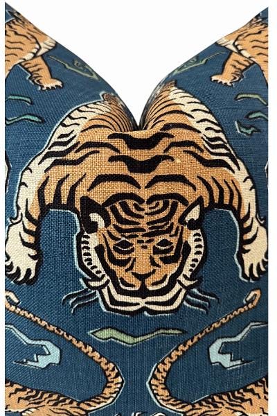 Blue Tiger Throw Pillow Cover | Chinoiserie Animal Print Accent Cushion | Decorative Sofa Pillow