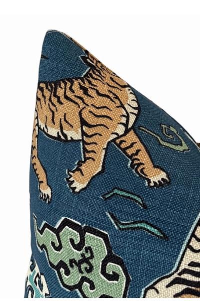 Blue Tiger Throw Pillow Cover | Chinoiserie Animal Print Accent Cushion | Decorative Sofa Pillow