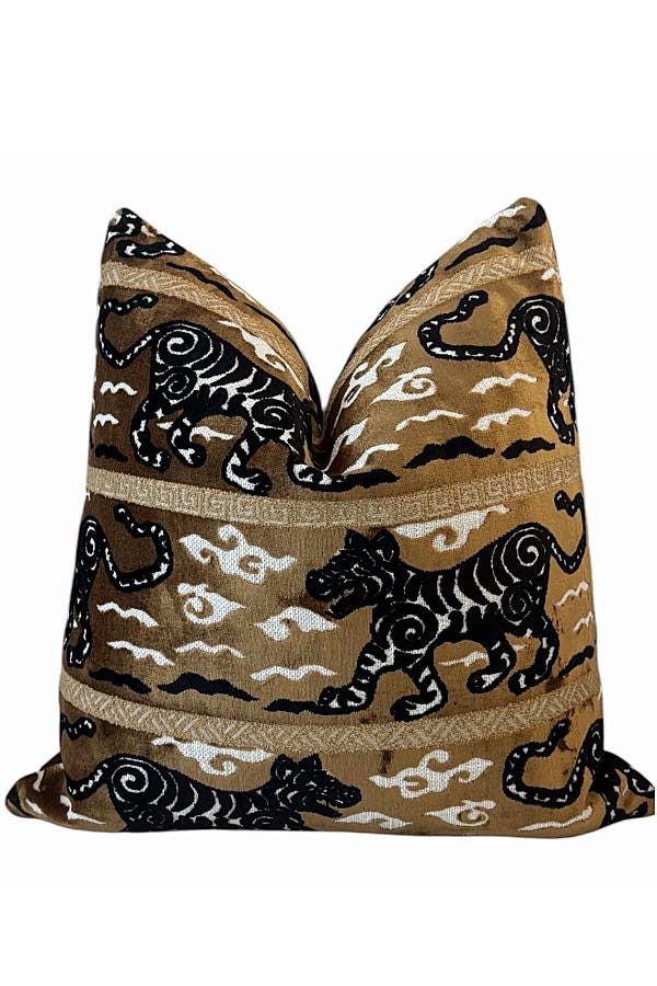 Brown Tiger Pillow Cover | Chinoiserie Accent Pillow | Decorative Animal Print Cushion