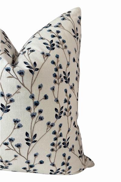 Blue Floral Pillow Cover | Embroidered Accent Pillow | Neutral Decorative Throw Cushion
