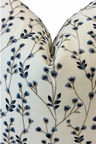 Blue Floral Pillow Cover | Embroidered Accent Pillow | Neutral Decorative Throw Cushion