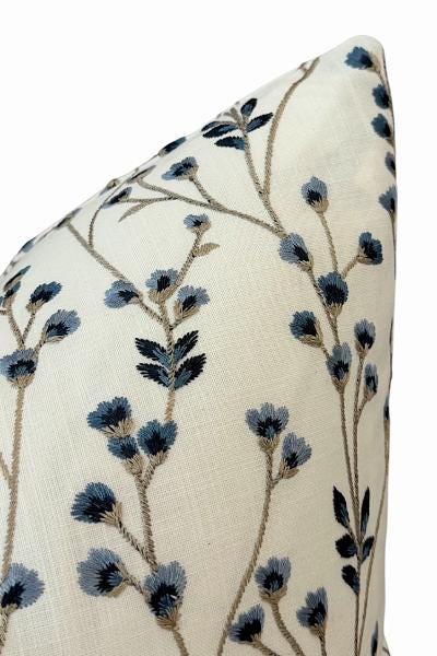 Blue Floral Pillow Cover | Embroidered Accent Pillow | Neutral Decorative Throw Cushion