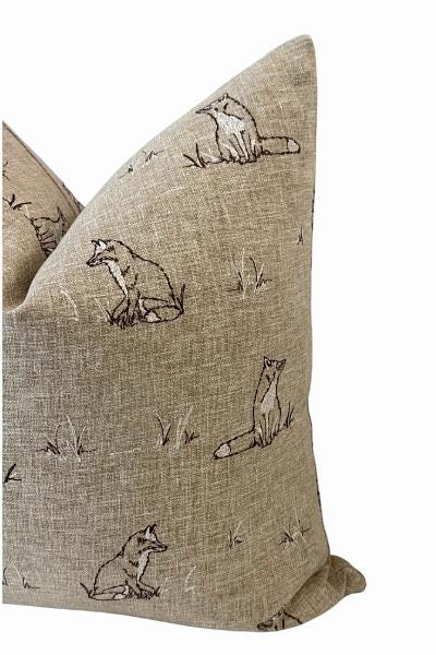 Neutral Fox Print Pillow Cover | Woodland Linen-Look Cushion, Rustic Cottage Accent