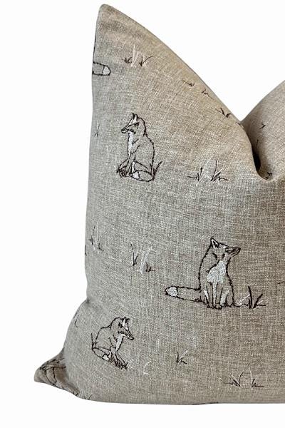 Neutral Fox Print Pillow Cover | Woodland Linen-Look Cushion, Rustic Cottage Accent