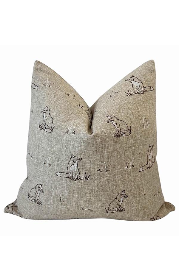 Neutral Fox Print Pillow Cover | Woodland Linen-Look Cushion, Rustic Cottage Accent