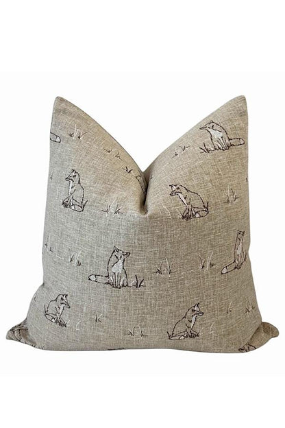 Neutral Fox Print Pillow Cover | Woodland Linen-Look Cushion, Rustic Cottage Accent