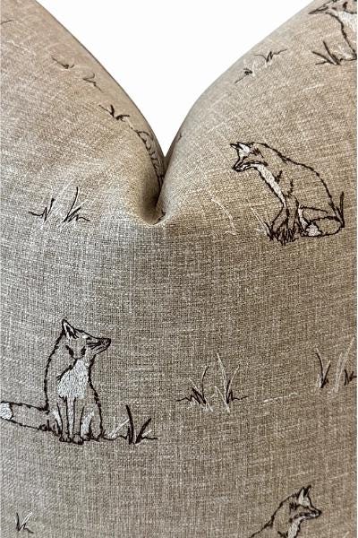 Neutral Fox Print Pillow Cover | Woodland Linen-Look Cushion, Rustic Cottage Accent