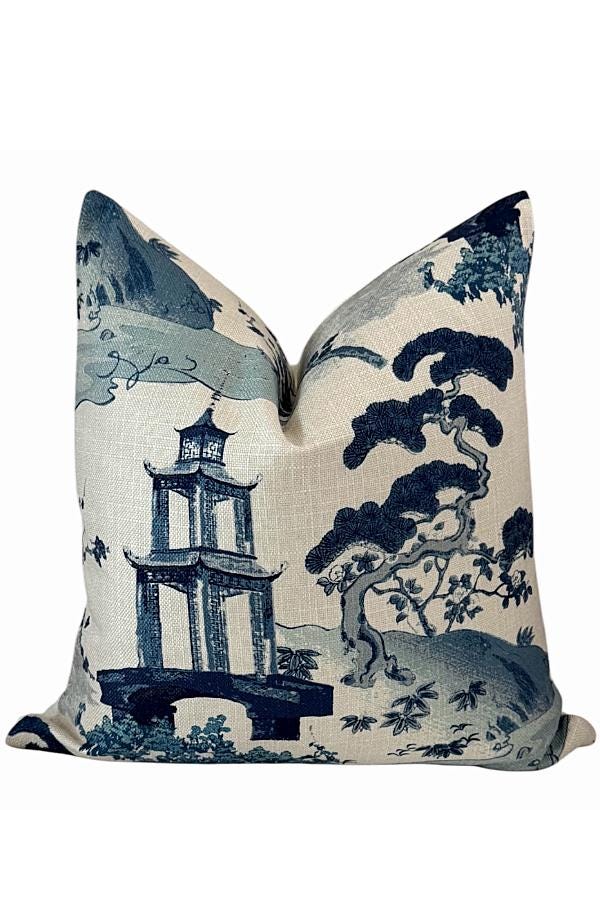 Blue Chinoiserie Pillow Cover | Pagoda Scenic Accent Cushion | Vintage Style Decorative Throw