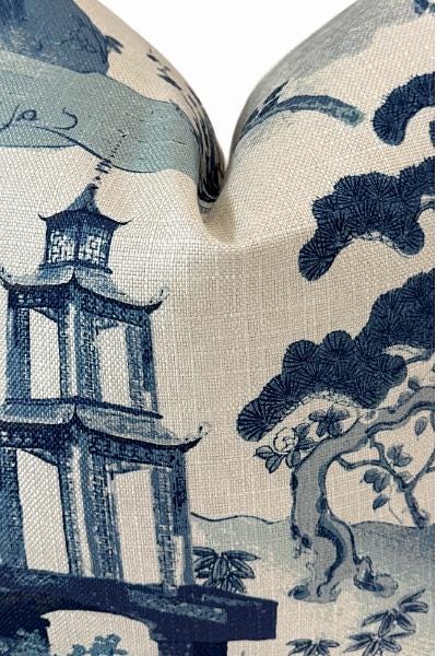 Blue Chinoiserie Pillow Cover | Pagoda Scenic Accent Cushion | Vintage Style Decorative Throw