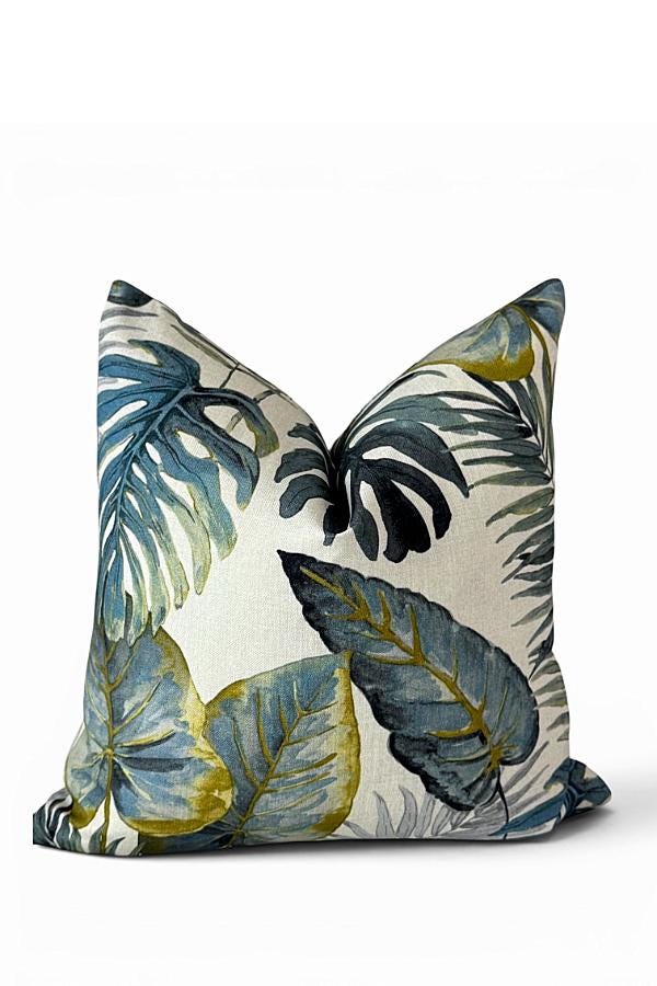 Tropical Leaf Pillow Cover | Blue Green Botanical Cushion | Zipper Closure