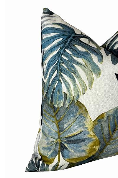 Tropical Leaf Pillow Cover | Blue Green Botanical Cushion | Zipper Closure