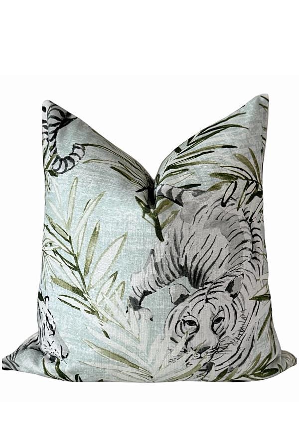 Safari Tiger Pillow Cover | Neutral Green Animal Print | Zipper Closure