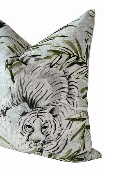 Safari Tiger Pillow Cover | Neutral Green Animal Print | Zipper Closure
