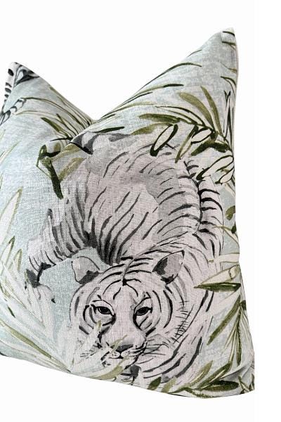 Safari Tiger Pillow Cover | Neutral Green Animal Print | Zipper Closure