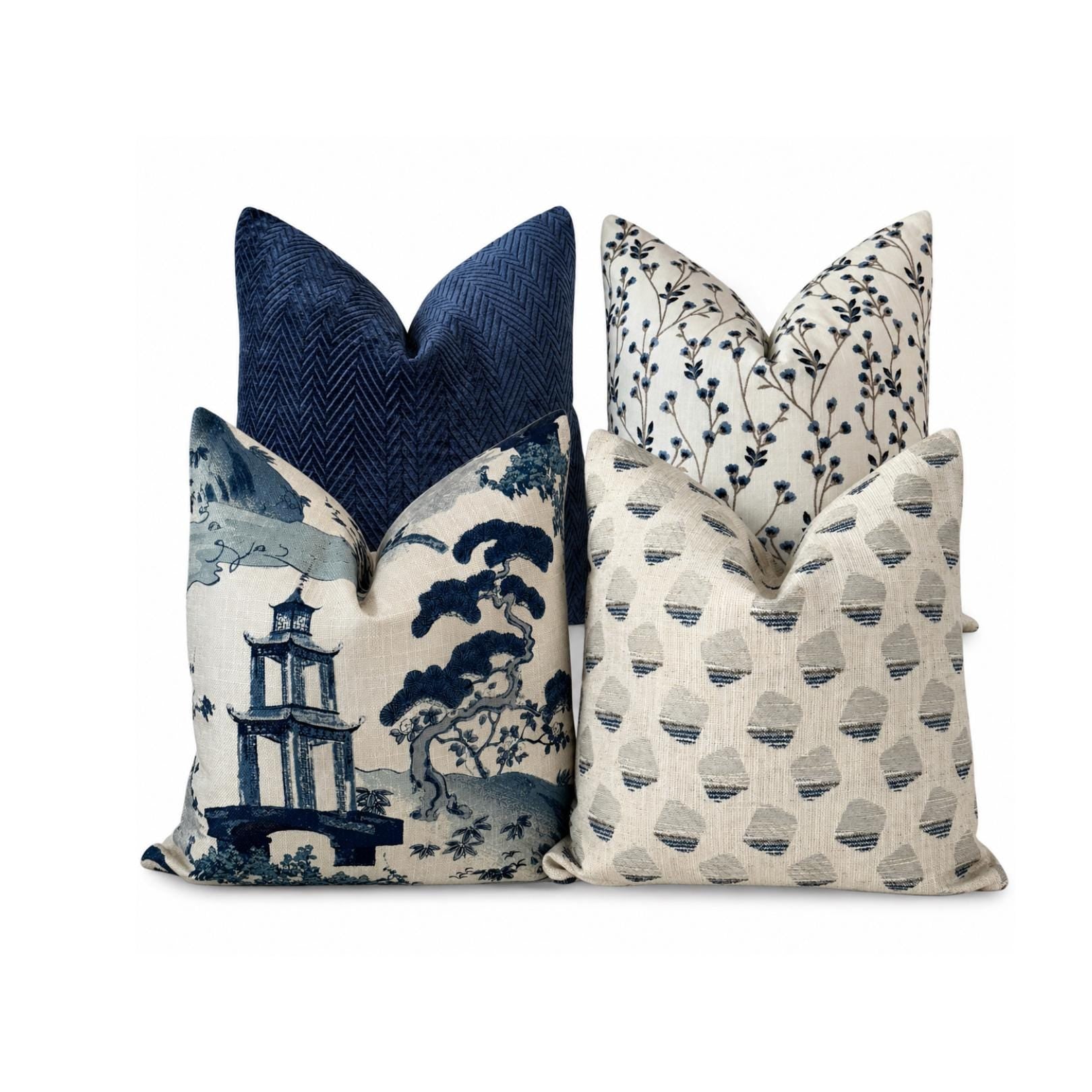Blue Chinoiserie Decorative Pillow Cover Set, Navy Floral Neutral Sofa Accent Cushions