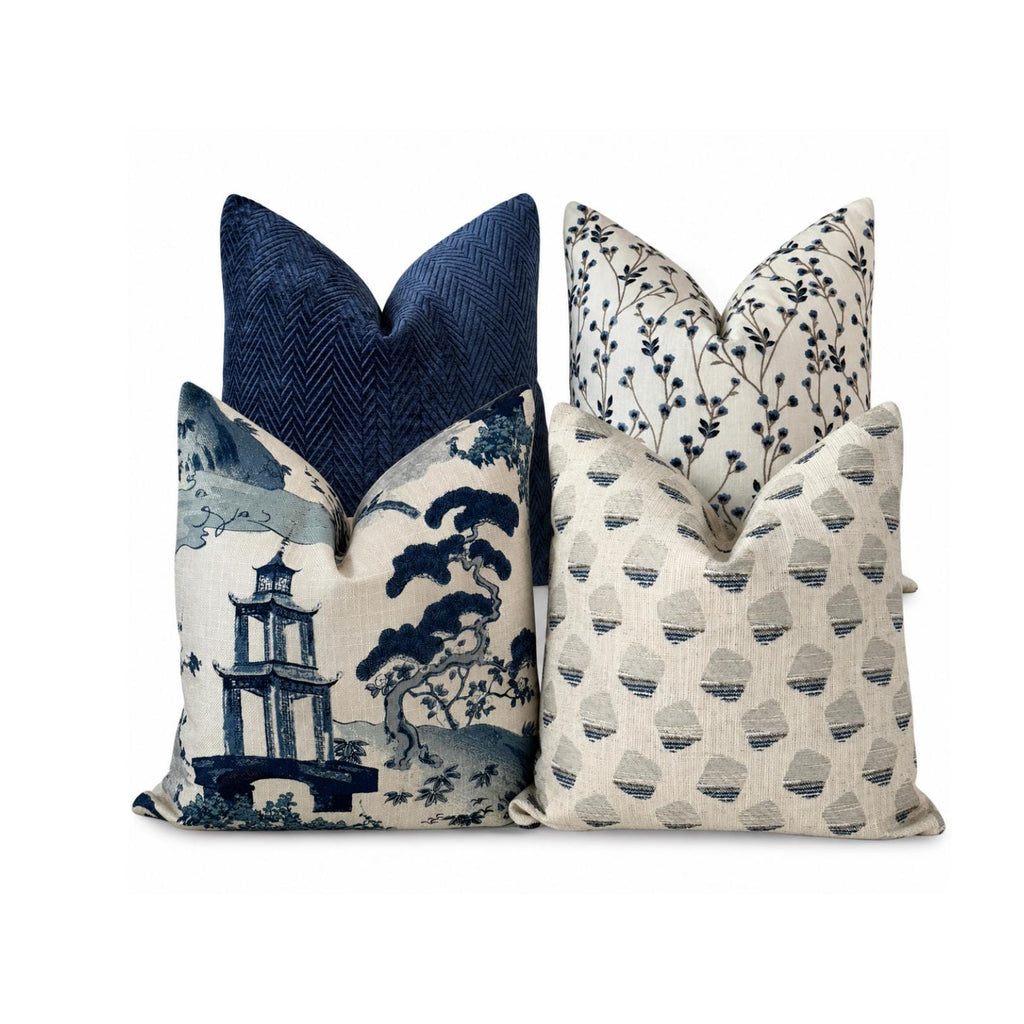 Blue Chinoiserie Decorative Pillow Cover Set, Navy Floral Neutral Sofa Accent Cushions