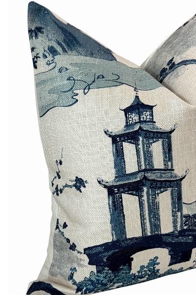 Blue Chinoiserie Decorative Pillow Cover Set, Navy Floral Neutral Sofa Accent Cushions
